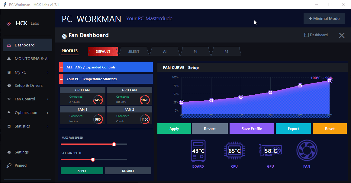 Fan Dashboard – fan setup, profiles, export