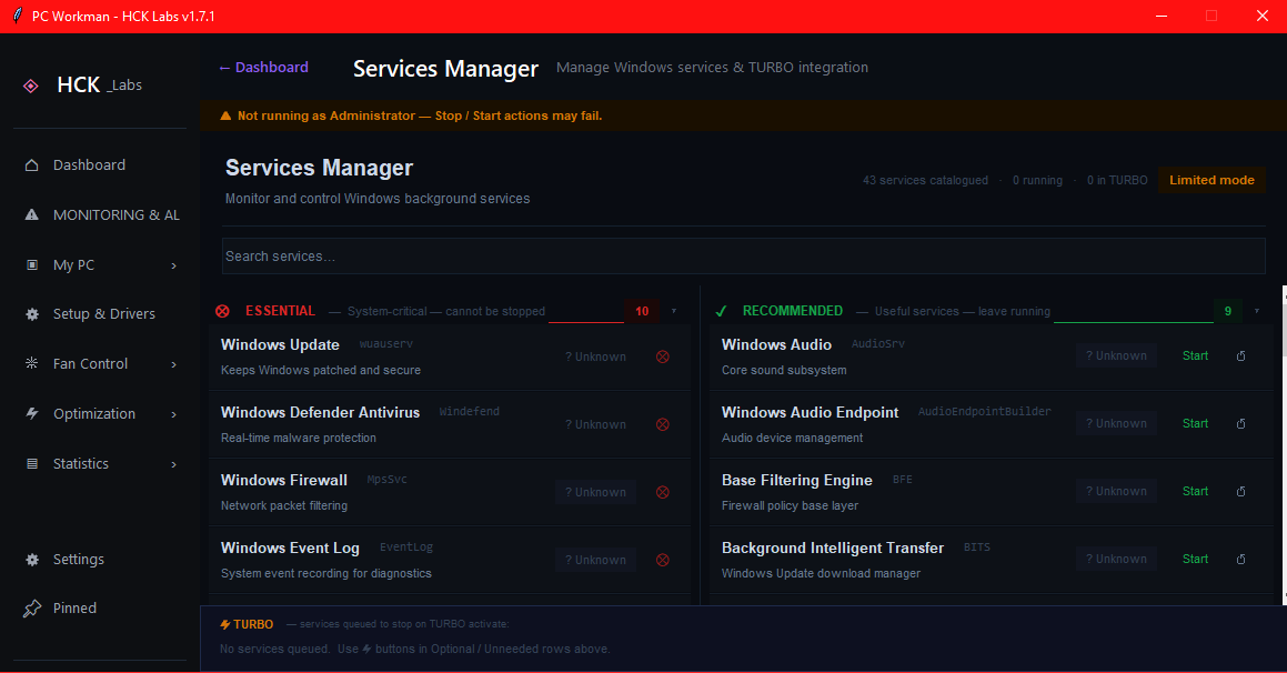 Services Manager – Windows services management, Gaming/Work/Economy modes