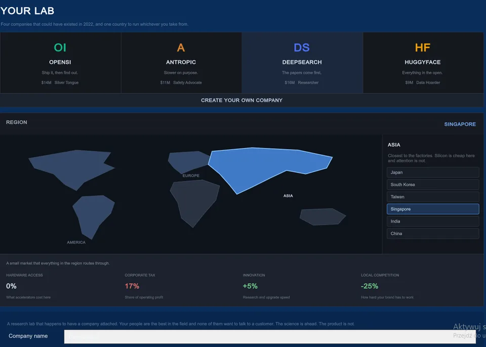 Scaling Laws company setup screen with region and country selection